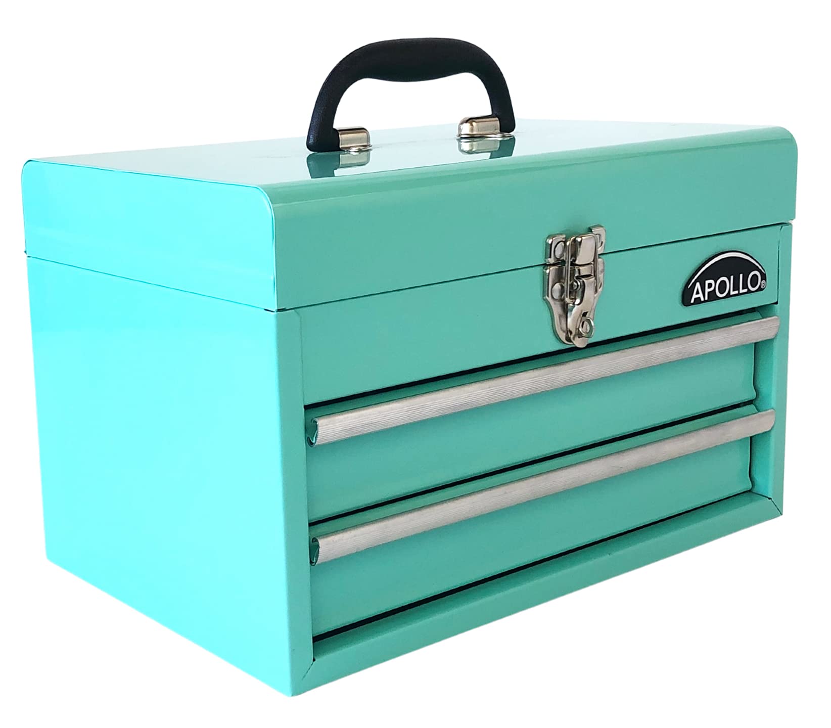 Apollo Tools 14 Inch Steel Tool Box with Deep Top Compartment and 2 Drawers in Heavy-Duty Steel With Ball Bearing Opening and Powder Coated Finish - Aqua Green - DT5010-GR