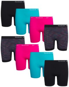 reebok girls' boyshorts underwear - 8 pack soft seamless long leg boy shorts - playground shorts for girls (6-16), size 12-14, black/aqua/hot pink/multi stripes