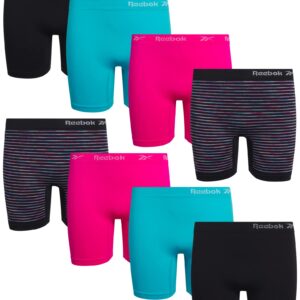 Reebok Girls' Boyshorts Underwear - 8 Pack Soft Seamless Long Leg Boy Shorts - Playground Shorts for Girls (6-16), Size 12-14, Black/Aqua/Hot Pink/Multi Stripes