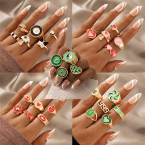 Colorful Rings for Women Teen Girls, Cute Y2K Rings, Chunky Heart Flower Ying Yang Rings,Y2K Jewelry, Trendy Gold Signet Enamel Rings, Aesthetic Statement Stackable Rings (28pcs y2k)