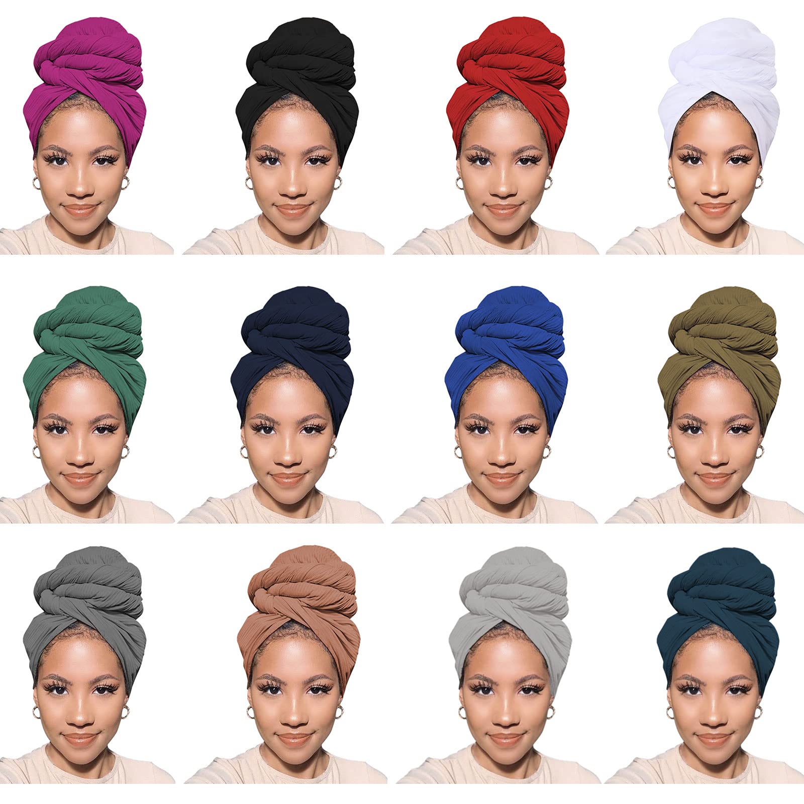 PWEOUKE 12 Pieces Large Stretch Turban Head Scarves for Black Women African Knit Headwraps Solid Color Ultra Soft Extra Long Breathable Head Band Tie