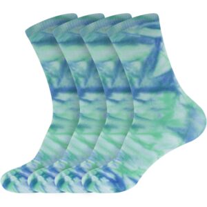 BambooMN Women's Rayon from Bamboo Tie Dye Crew Dress Socks - Blue Green - 4 Pairs - Size 4-9