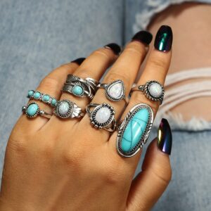 xerling 8pcs boho girls crystal knuckle ring set gemstone opal joint midi finger rings oval turquoise teardrop leaf rings for women gothic retro silver rings