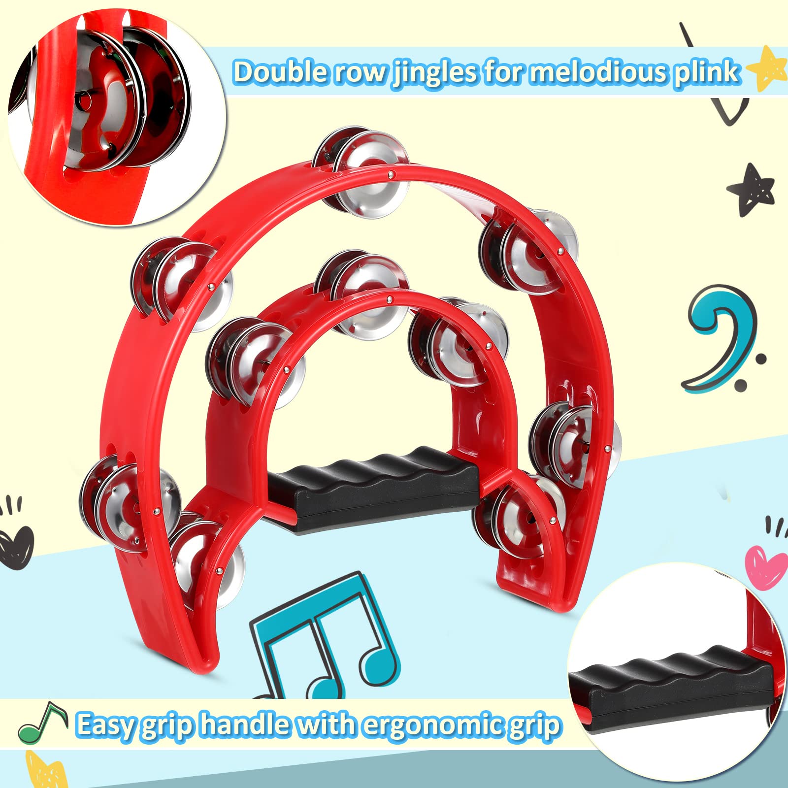 7 Pieces Double Row Tambourine Half Moon Musical Tambourine Plastic Tambourines Musical Instrument Handheld Tambourine Percussion Metal Jingles Hand Held Percussion Drum for Party Performance Concert