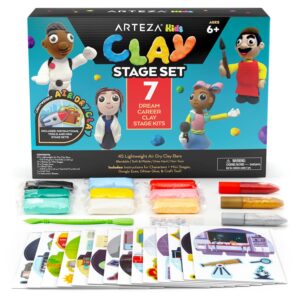 arteza kids air dry clay, 42 bars, dream career modeling clay kit, 14 mini-stages, 14 googly eyes, 3 glitter glues, 1 craft tool, 7 instruction sheets, craft supplies for learning and developing