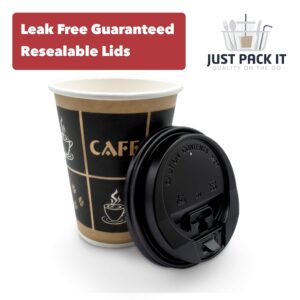 JUST PACK IT [12 oz - 100 Sets with Lids] PREMIUM Paper Hot Coffee Cups with Resealable Lids - Leak Free To Go Disposable Hot Beverage Drinks