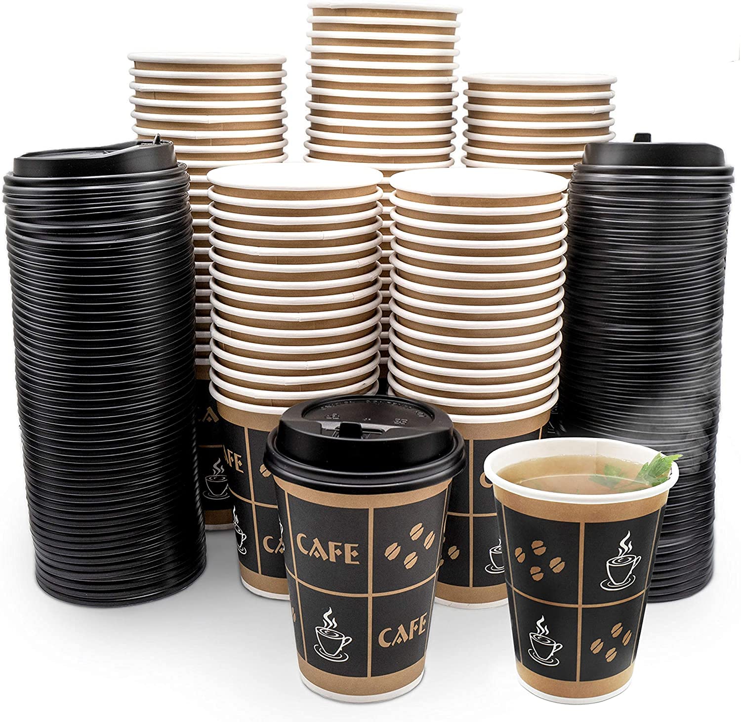 JUST PACK IT [12 oz - 100 Sets with Lids] PREMIUM Paper Hot Coffee Cups with Resealable Lids - Leak Free To Go Disposable Hot Beverage Drinks