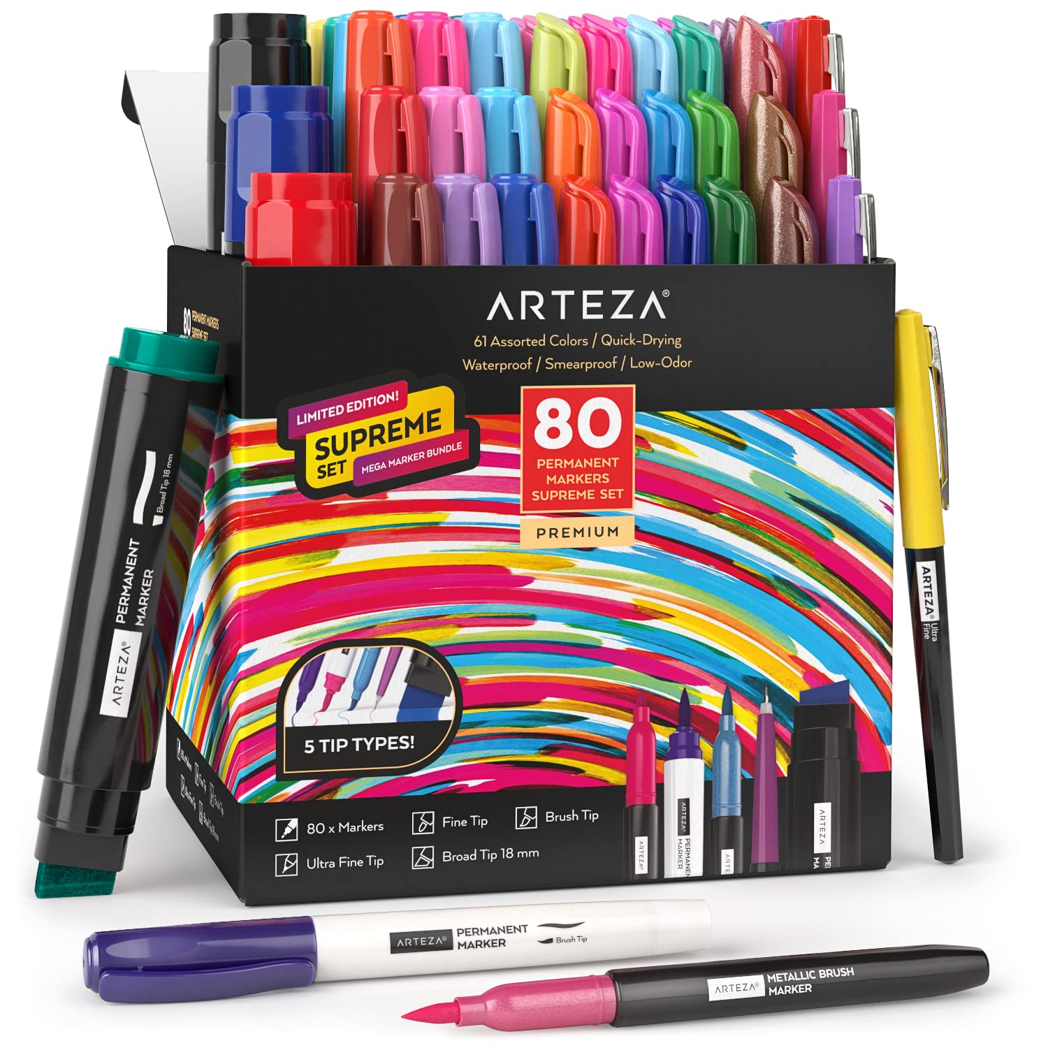 ARTEZA Permanent Markers, Set of 80, 61 Assorted Colors Paint Pens