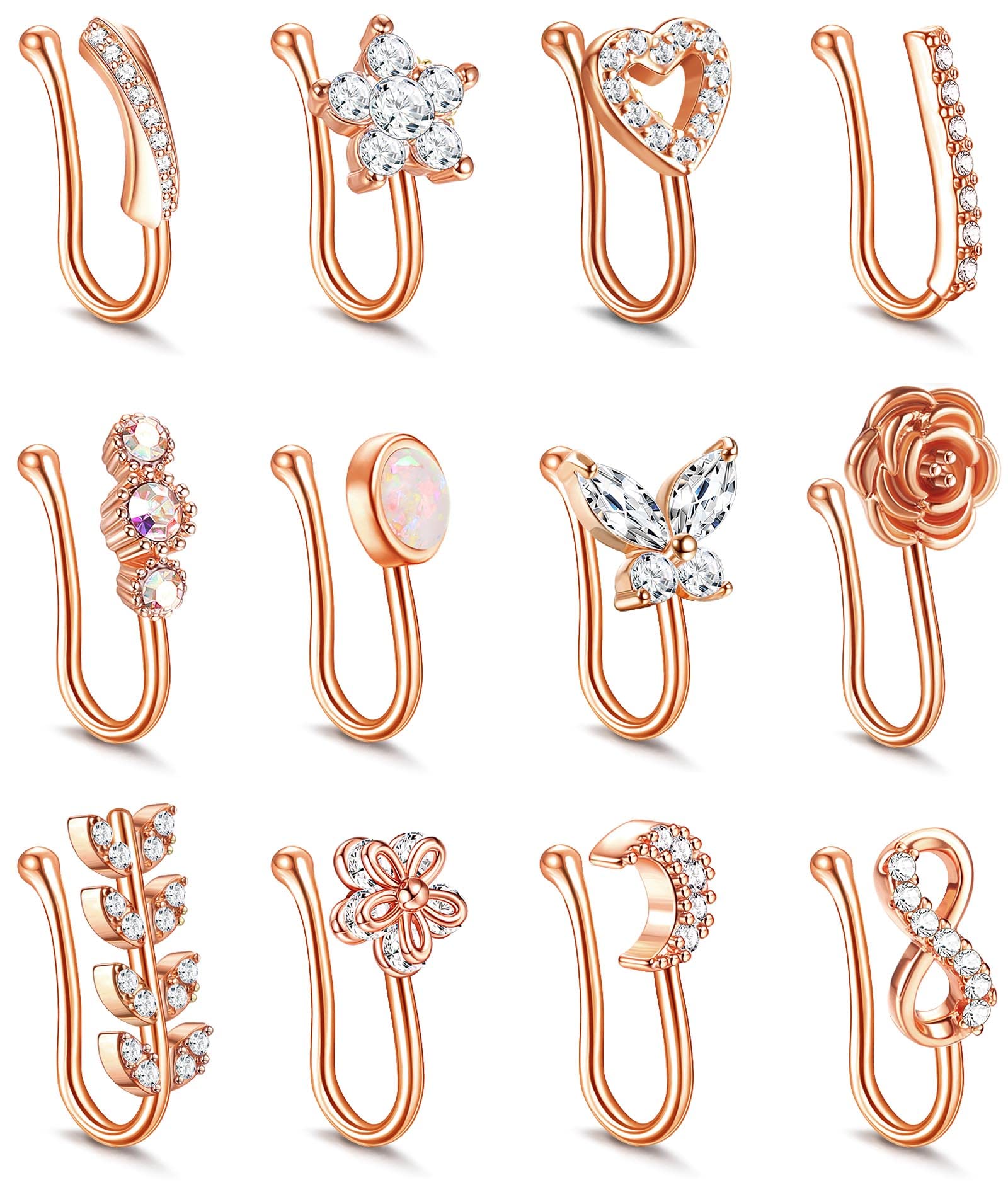 JOERICA 12Pcs Fake Nose Ring for Women Nose Cuffs Non Piercing Jewelry CZ Opal Butterfly Moon Heart Flower Clip On Nose Ring Adjustable Faux Nose Rings Set