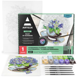 arteza paint by number for adults, 12x16 inches, 21 pieces, hydrangea flowers paint by numbers kit, 1 canvas panel, 12 acrylic paint pots, 5 paintbrushes, art supplies for home & office decor