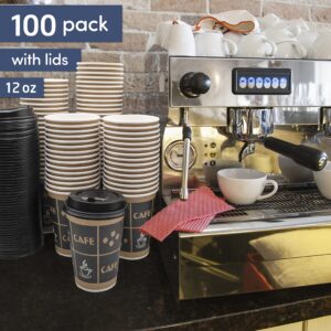 JUST PACK IT [12 oz - 100 Sets with Lids] PREMIUM Paper Hot Coffee Cups with Resealable Lids - Leak Free To Go Disposable Hot Beverage Drinks