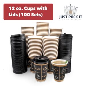 JUST PACK IT [12 oz - 100 Sets with Lids] PREMIUM Paper Hot Coffee Cups with Resealable Lids - Leak Free To Go Disposable Hot Beverage Drinks