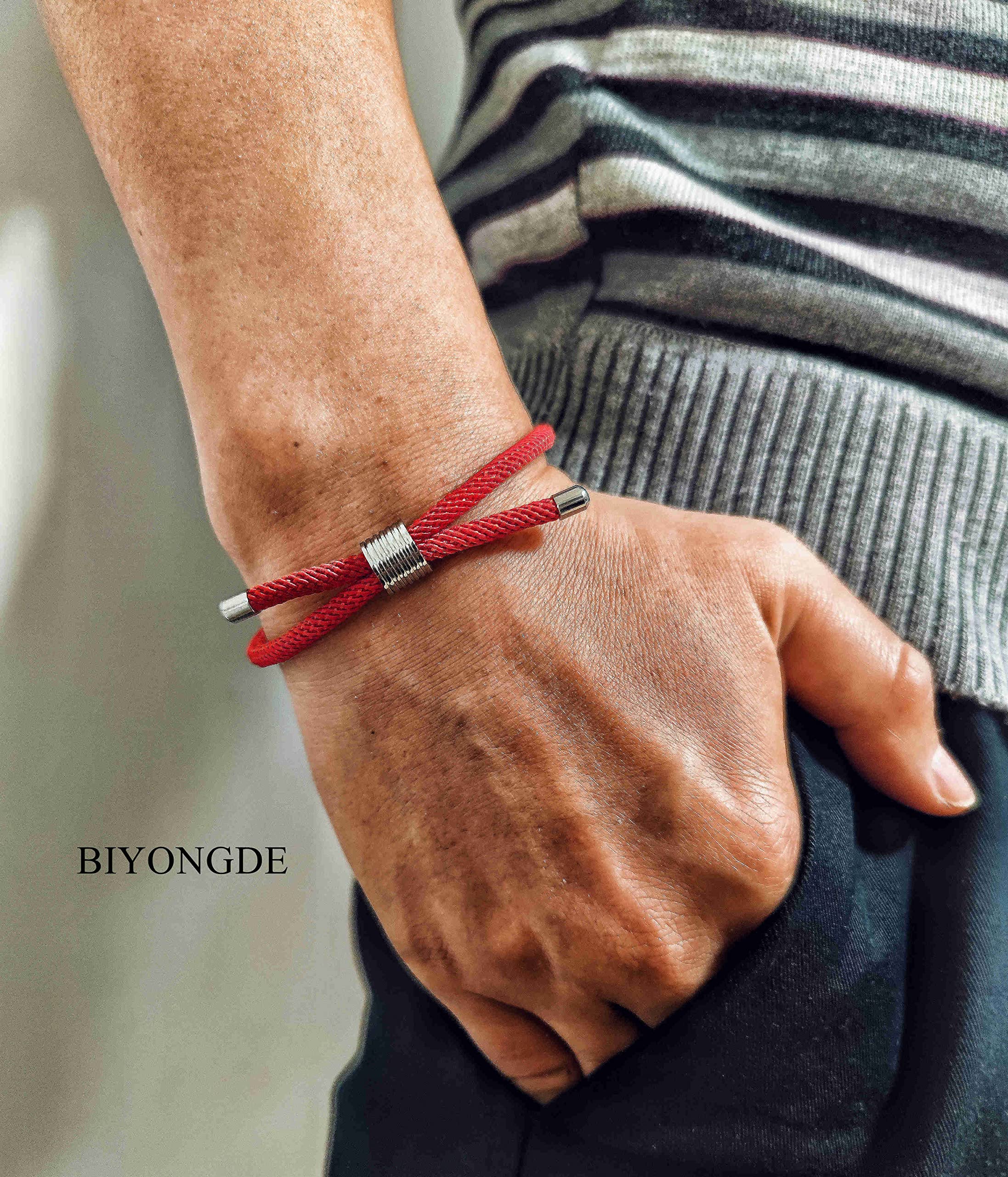 BIYONGDE Red Nautical Woven Friendship Rope Boho Bracelet Handmade Wrap String Steel Charm Adjustable