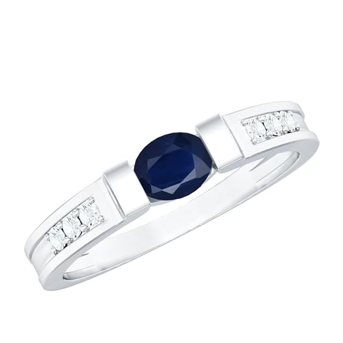 Rosec Jewels Certified Natural Blue Sapphire Solitaire Band Ring for Women, AAA Quality, Sapphire Diamond Band - Ready to Gift, 14K White Gold, Size:US 9.00