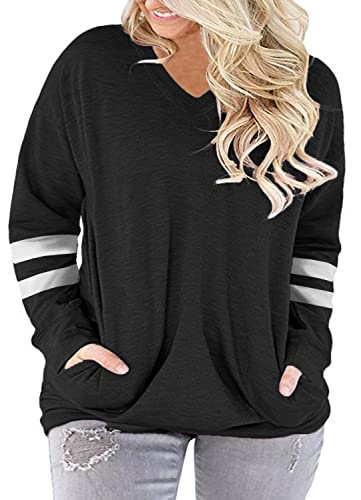 ROSRISS Plus Size Sweatshirts for Women 3X V Neck Shirts Blouses with Pockets Black 24W