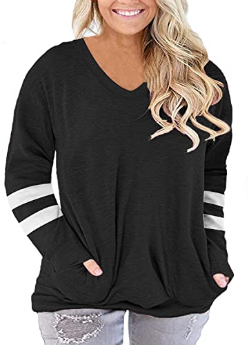 ROSRISS Plus Size Sweatshirts for Women 3X V Neck Shirts Blouses with Pockets Black 24W