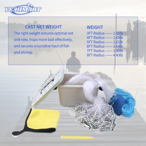 Yeahmart Saltwater American Fishing Cast Net 1/2 Mesh Size for Bait Trap Fish Heavy Duty Throw Net 4Ft Radius Freshwater Casting Nets with an Extra Fishing Cage (Monofilament line)