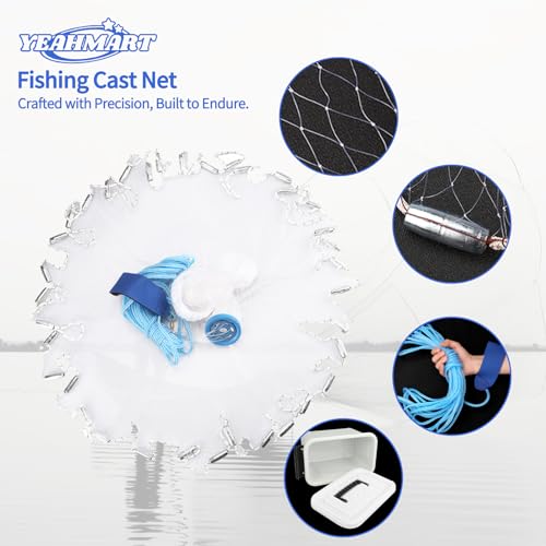 Yeahmart Saltwater American Fishing Cast Net 1/2 Mesh Size for Bait Trap Fish Heavy Duty Throw Net 4Ft Radius Freshwater Casting Nets with an Extra Fishing Cage (Monofilament line)