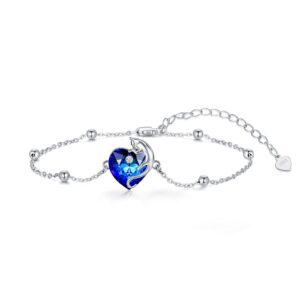 AOBOCO Cat Bracelet for Women Sterling Silver Cute Cat Jewelry with Blue Sapphire Heart Crystal from Austria, Cat Jewelry Gifts for Women Cat Lovers