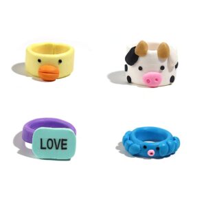 Pingyongchang 9pcs Colorful Chunky Clay Ring, Cute Animal Resin Personalized Colorful Funny Stackable Finger Rings Jewelry Gift for Women Teen Girls