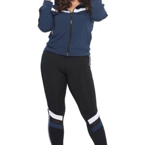 Jvini Women's 3 Piece Sports Outfit Set - Zip Up Hoodie Sweatshirt - Raceback Bra & Leggings Navy/Black Curve 1XL US(14-16)