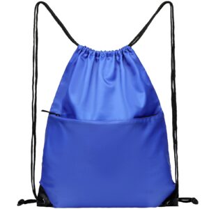 BuyAgain Drawstring Backpack Sports Water Resistant String Bag Sport Gym Sackpack for Women Men Large with Zipper, Royal