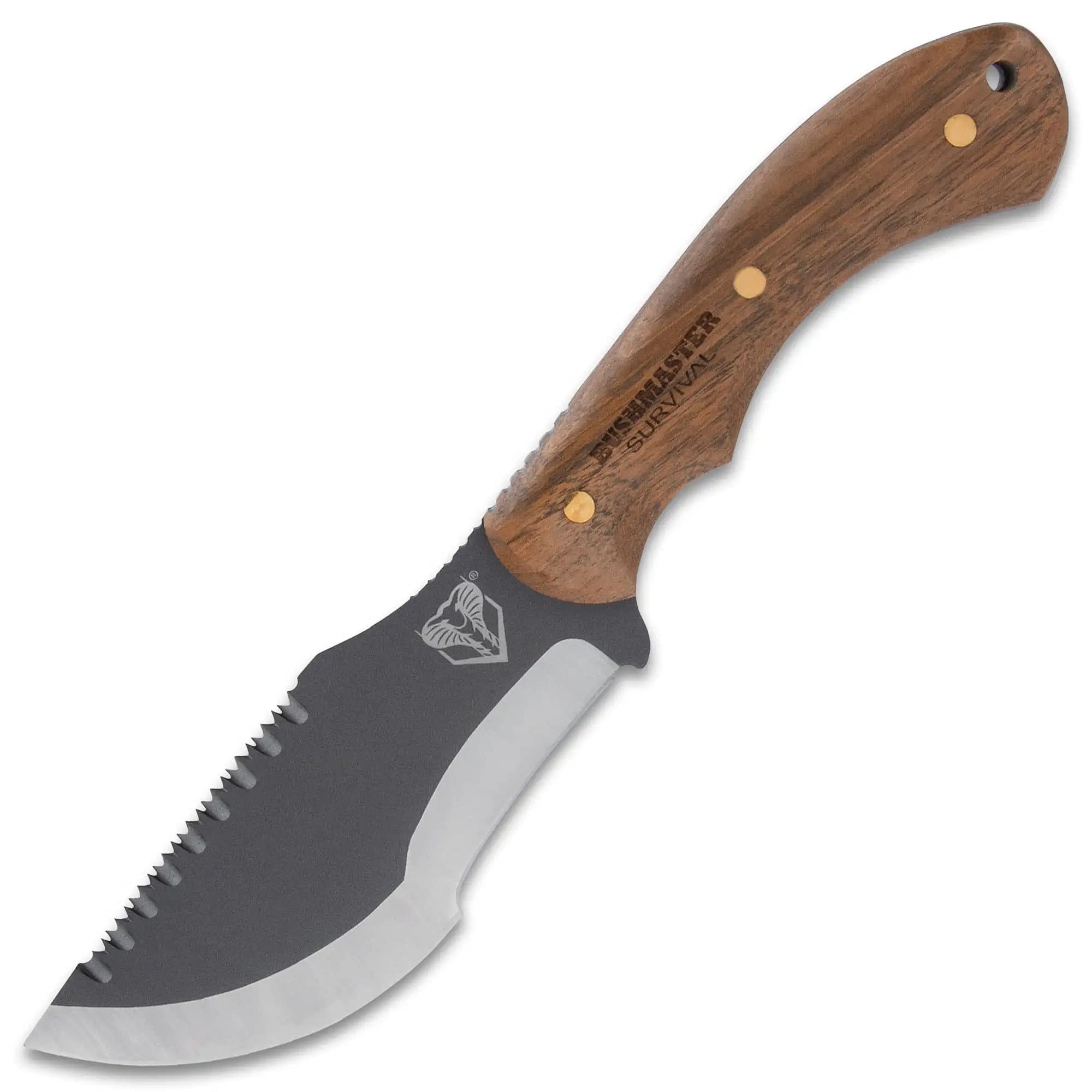 BUSHMASTER Tracker Knife and Leather Sheath - 1095 High Carbon Steel Blade, Full-Tang, Sawback, Wooden Handle Scales, Brass Pins, Lanyard Hole, Use for Survival and Outdoor Adventures - Length 11 3/4”