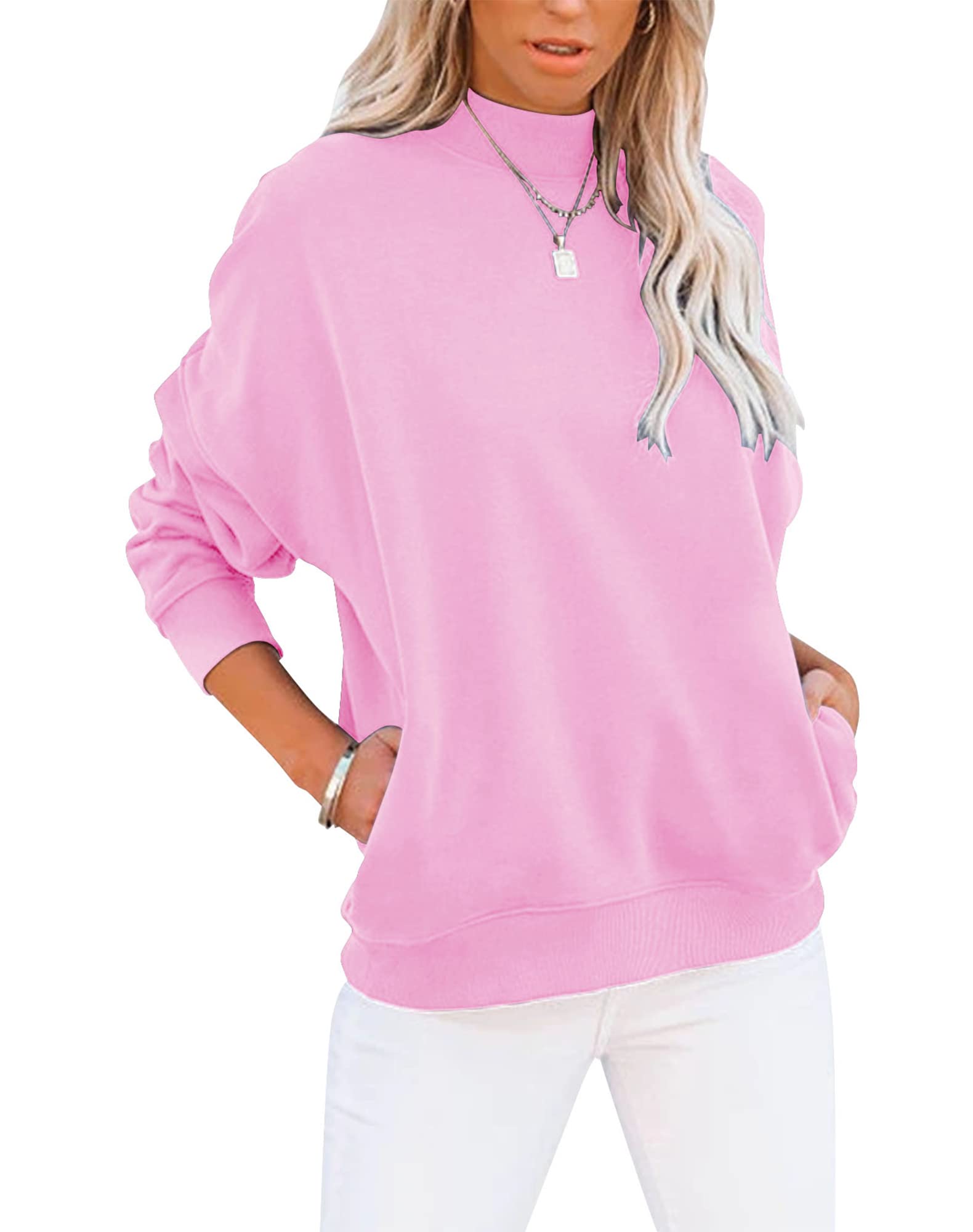 Orchidays Women's Mock turtleneck Long Sleeves Sweatshirts Casual Basic Lightweight Top Loose Fit Rib Pocketed Pullover (Pink,Large,US,Alpha,Adult,Female,Large,Regular,Regular)