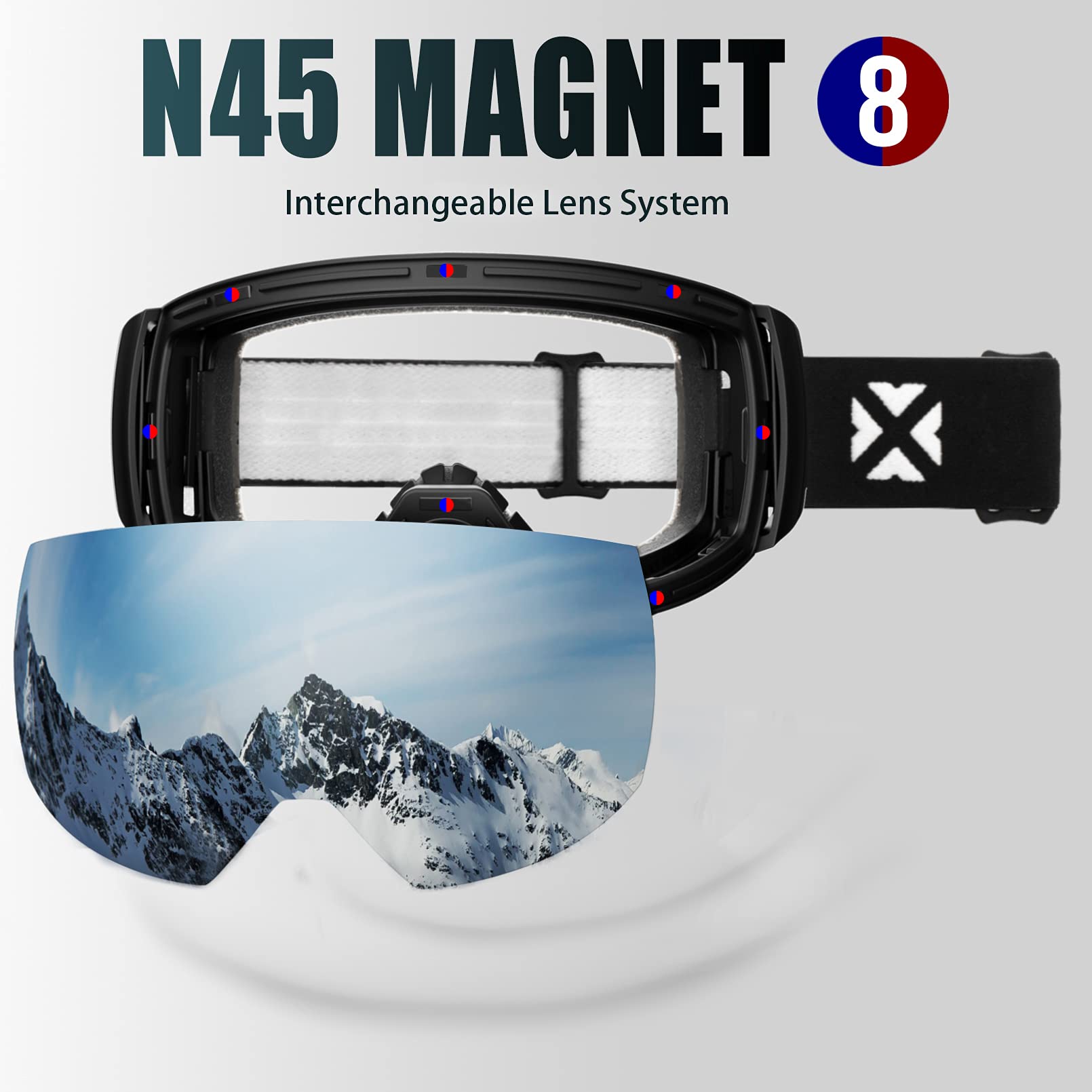 MAXJULI Ski Goggles Men Women,OTG Snow Goggles with Magnetic Interchangeable Anti-fog HD Lens UV Protection (Black Frame/Silver Lens)