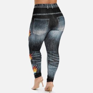 MAYW Stretchy Comfy Seamless Skinny Denim Print Fake Jeans,Women's Denim Print Fake Jeans Seamless Full Length Leggings,Casual High Waist Flower Printed that Look Like Jeans for Women,black,XX-Large