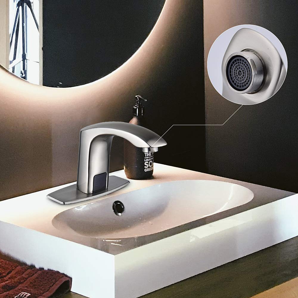 Halo Sanitary Automatic Commercial Sensor Touchless Bathroom Faucet with Hole Cover Deck Plate Motion Activated Grifo Hands Free Vessel Sink Robinet with Control Box Brushed Nickel