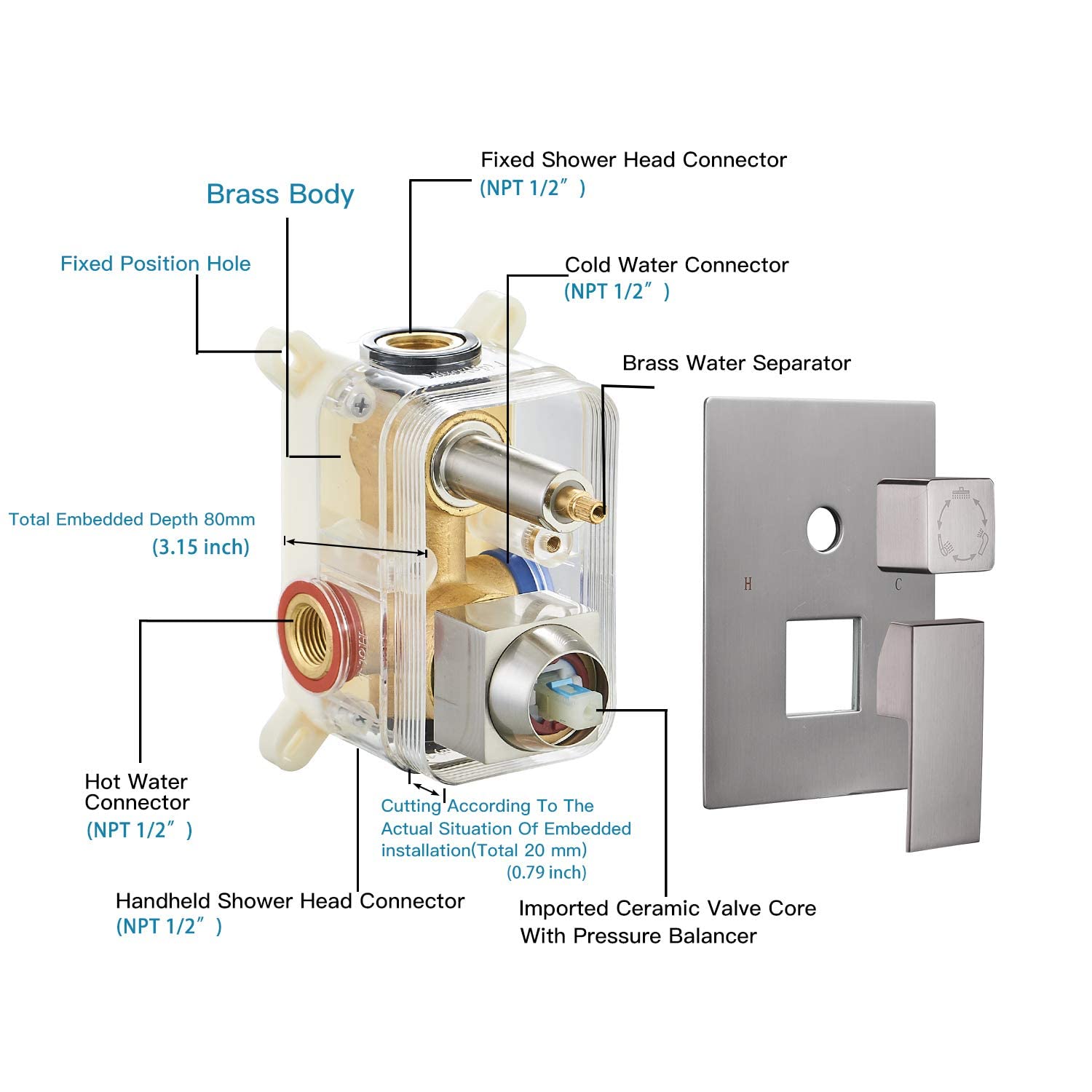 BWE 12 Inch Shower System Brushed Nickel Waterfall Faucet Tub Complete with Spout Set Square Luxury Rain Mixer Pressure Balancing 3-Function Wall Mount Rainfall Rough-in Valve Body and Trim Included