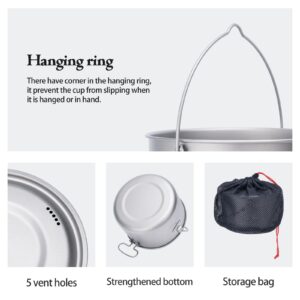 Boundless Voyage Titanium Hanging Pot for Outdoor Camping Backpacking Hiking Ultralight Portable Cooking Pot Camp Kitchen Cookware 1300ML/1950ML/2900ML (3 Pcs Set)