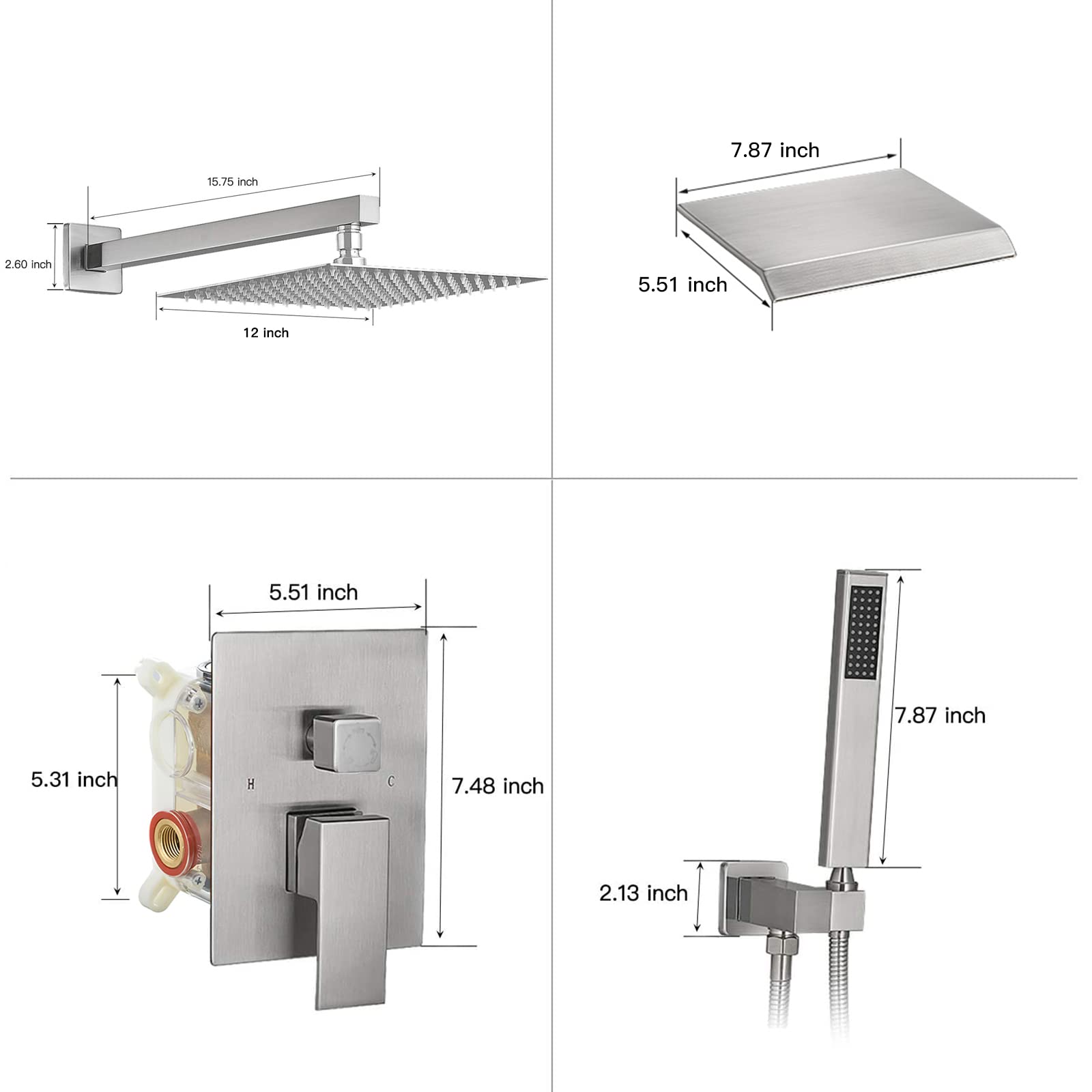 BWE 12 Inch Shower System Brushed Nickel Waterfall Faucet Tub Complete with Spout Set Square Luxury Rain Mixer Pressure Balancing 3-Function Wall Mount Rainfall Rough-in Valve Body and Trim Included