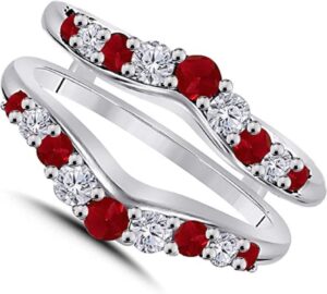 diva jewel round cut ruby & white diamond 14k white gold finish 925 sterling silver diamond anniversary wedding band enhancer ring guard for women's