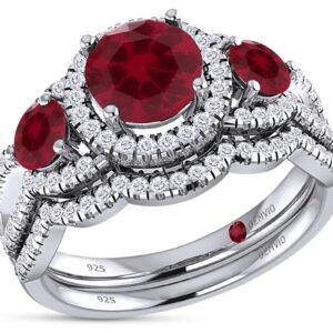 GEMVIO Collection Three Stone Ring, Round Cut Lab Created Ruby Gemstone & Natural Diamond Halo Bridal Set Engagement Ring In 14K White Gold Over Sterling Silver Wedding Band Ring-8