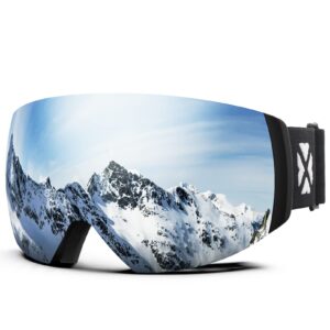 maxjuli ski goggles men women,otg snow goggles with magnetic interchangeable anti-fog hd lens uv protection (black frame/silver lens)