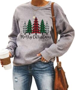 merry and bright shirt women funny leopard printed plaid christmas trees long sleeve sweatshirts xmas graphic tees