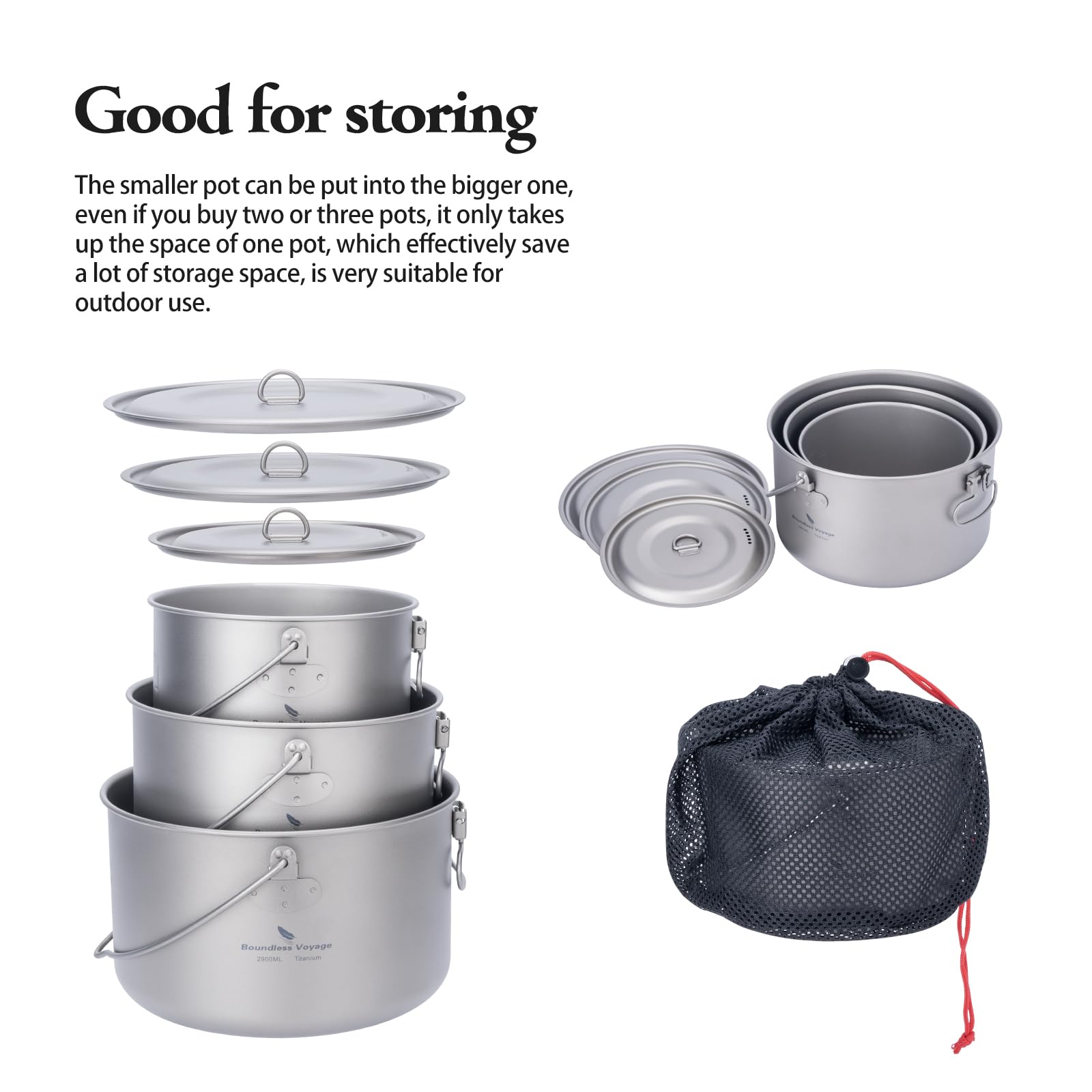 Boundless Voyage Titanium Hanging Pot for Outdoor Camping Backpacking Hiking Ultralight Portable Cooking Pot Camp Kitchen Cookware 1300ML/1950ML/2900ML (3 Pcs Set)