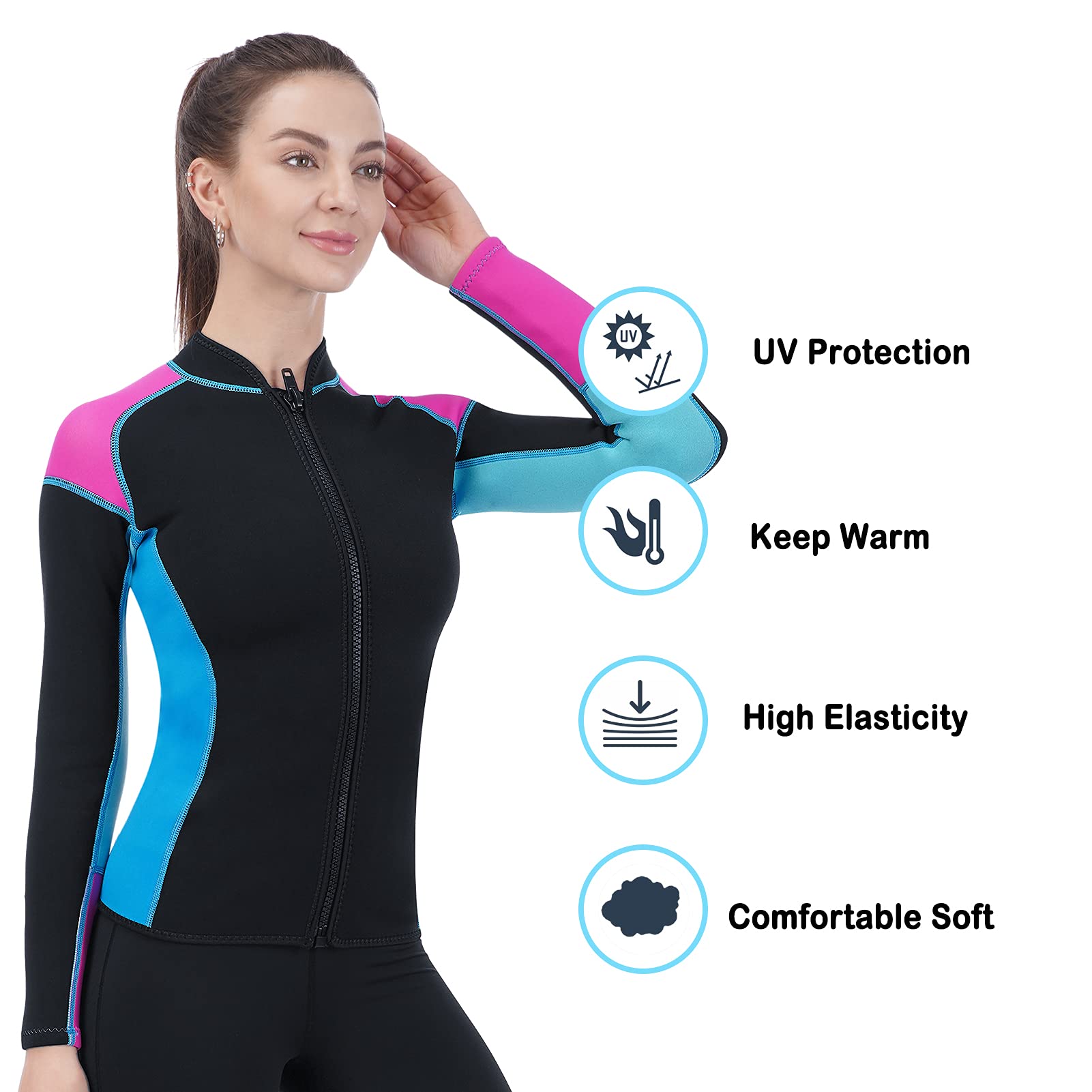 TBLUITE Women Wetsuit Top Swim Jacket Mens Youth Wet Suit Shirt 2mm Neoprene Thermal Swimsuit Front Zip Long Sleeve Cold Water Keep Warm Snorkeling Diving Surfing