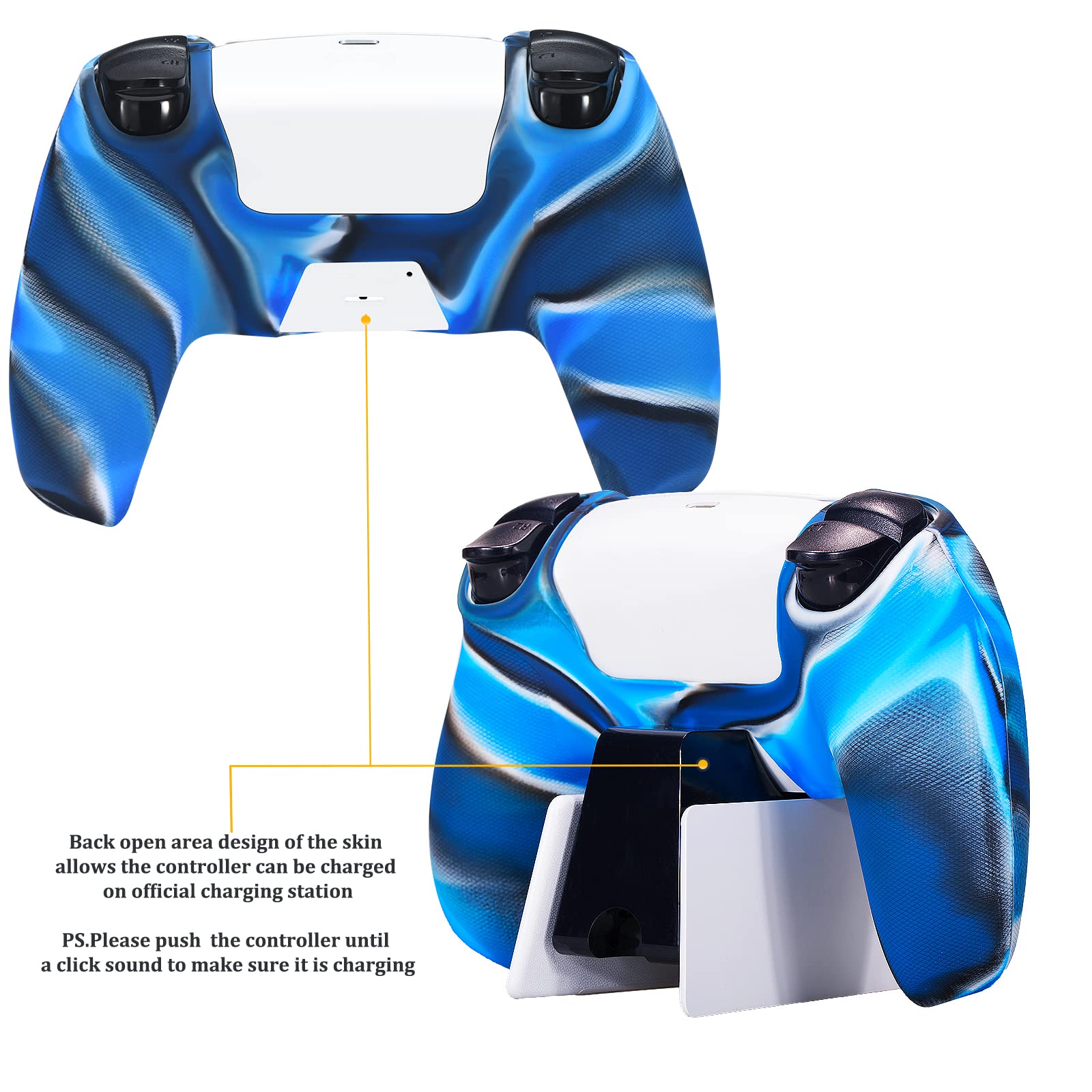 Pandaren Grip Texture Silicone Skin for PS5 Dualsense Controller x 1 Camouflage blue with Pro Thumb Grips x 8