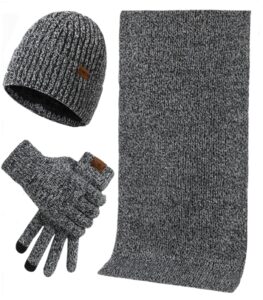 winter hat scarf glove set for men men's 3 pcs touchscreen anti-slip gloves knit stretchy beanie hat and long scarf set (hemp gray)