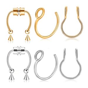 6 pieces fake nose ring magnetic septum fake nose hoop stainless steel inlaid jewelry horseshoe faux clip nose ring on non-pierced nose ring for women and men (gold and silver)