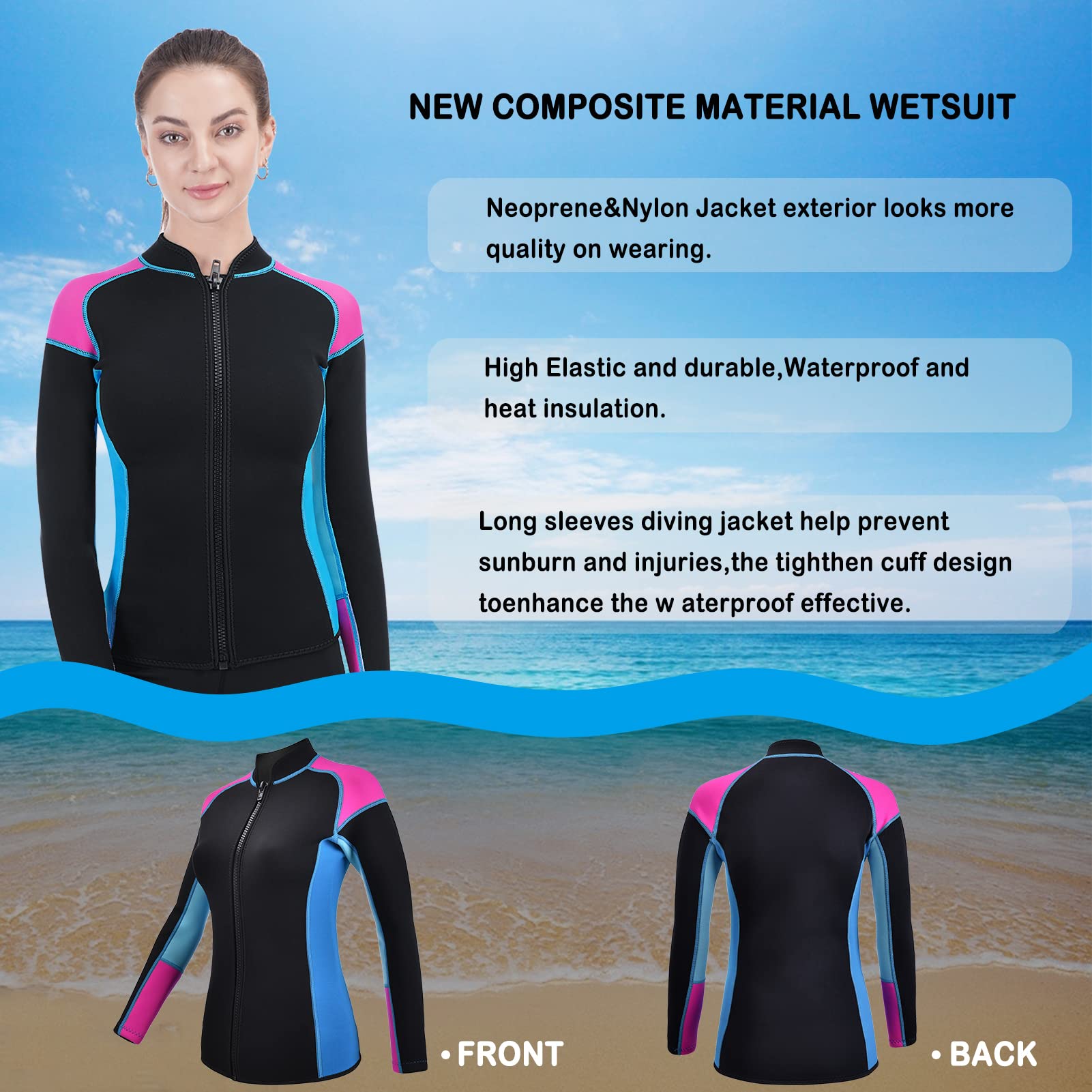 TBLUITE Women Wetsuit Top Swim Jacket Mens Youth Wet Suit Shirt 2mm Neoprene Thermal Swimsuit Front Zip Long Sleeve Cold Water Keep Warm Snorkeling Diving Surfing