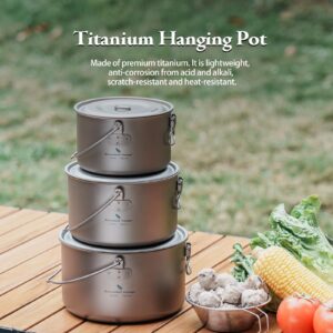 Boundless Voyage Titanium Hanging Pot for Outdoor Camping Backpacking Hiking Ultralight Portable Cooking Pot Camp Kitchen Cookware 1300ML/1950ML/2900ML (3 Pcs Set)