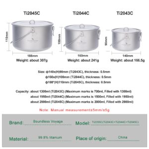 Boundless Voyage Titanium Hanging Pot for Outdoor Camping Backpacking Hiking Ultralight Portable Cooking Pot Camp Kitchen Cookware 1300ML/1950ML/2900ML (3 Pcs Set)