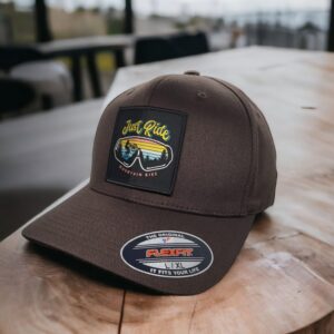 Fitted Hat - Mountain Bike Flexfit Hat with Just Ride Woven Patch (Brown, L/XL)