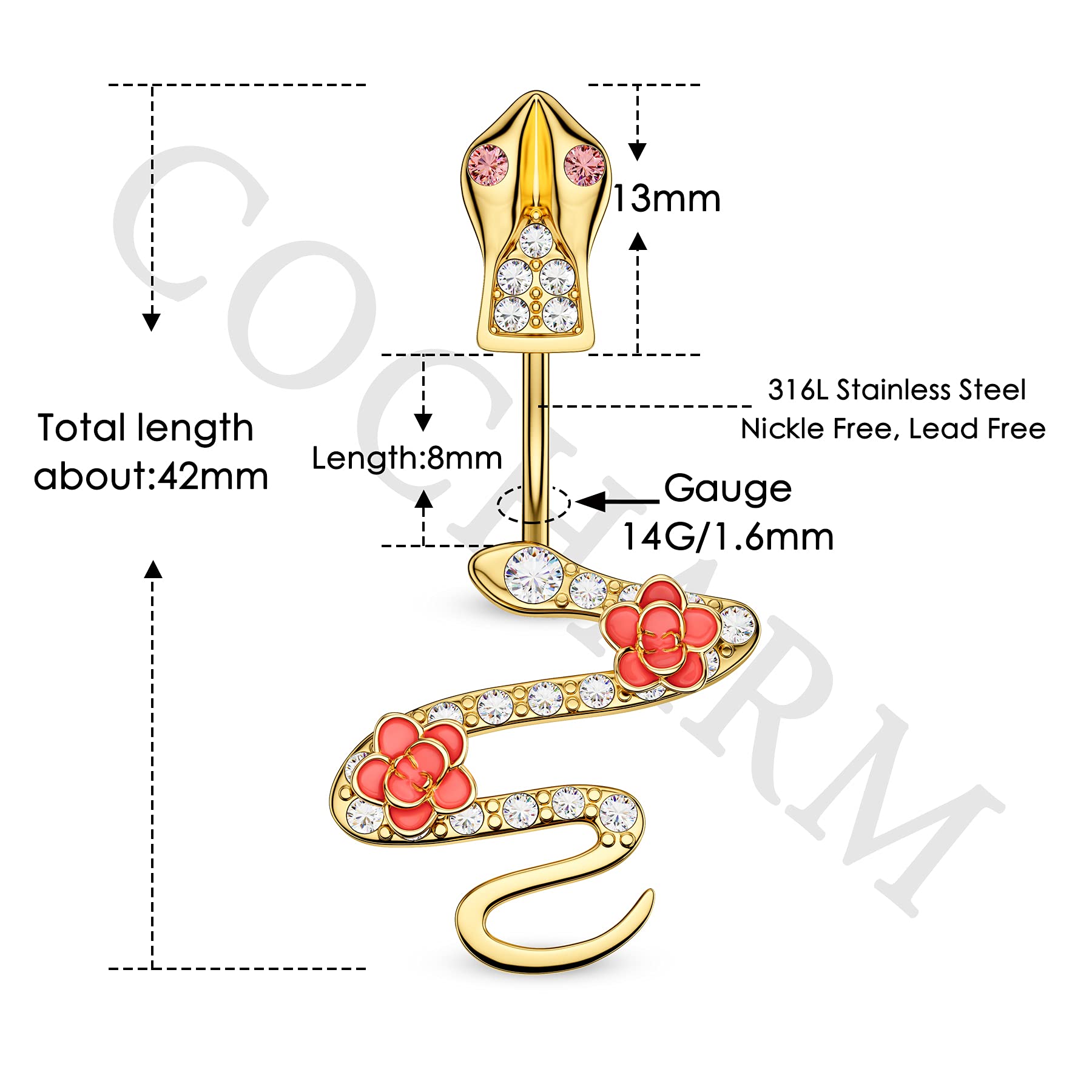 COCHARM Gold Snake Belly Button Rings for Women 14g Snake Navel Rings Gold Surgical Steel Belly Navel Piercing Jewelry