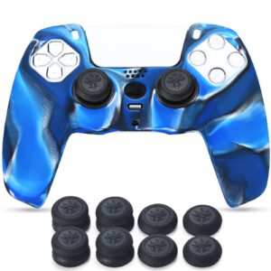 Pandaren Grip Texture Silicone Skin for PS5 Dualsense Controller x 1 Camouflage blue with Pro Thumb Grips x 8