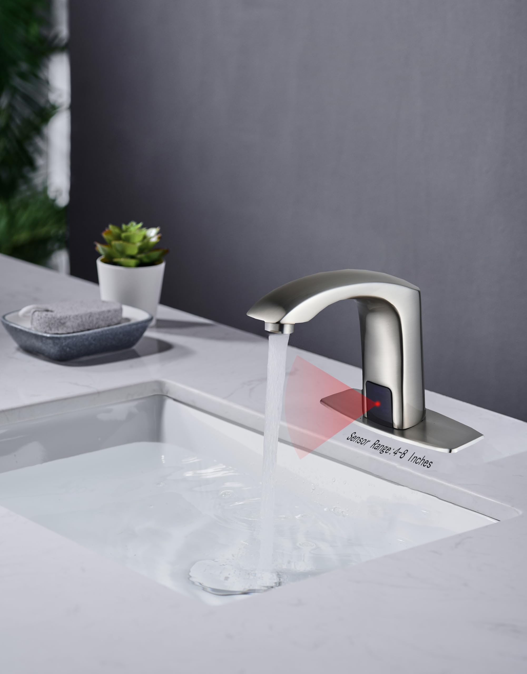 Halo Sanitary Automatic Commercial Sensor Touchless Bathroom Faucet with Hole Cover Deck Plate Motion Activated Grifo Hands Free Vessel Sink Robinet with Control Box Brushed Nickel